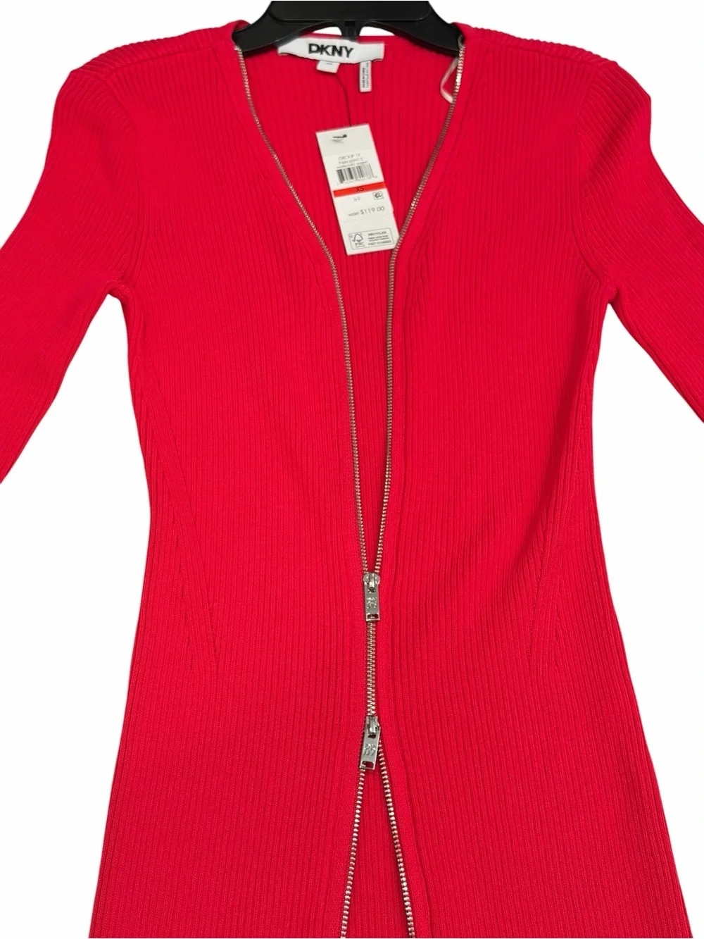DKNY Ribbed Knit Two Way Zip Cardigan Dress Long Duster Long Sleeve Red XS NWT